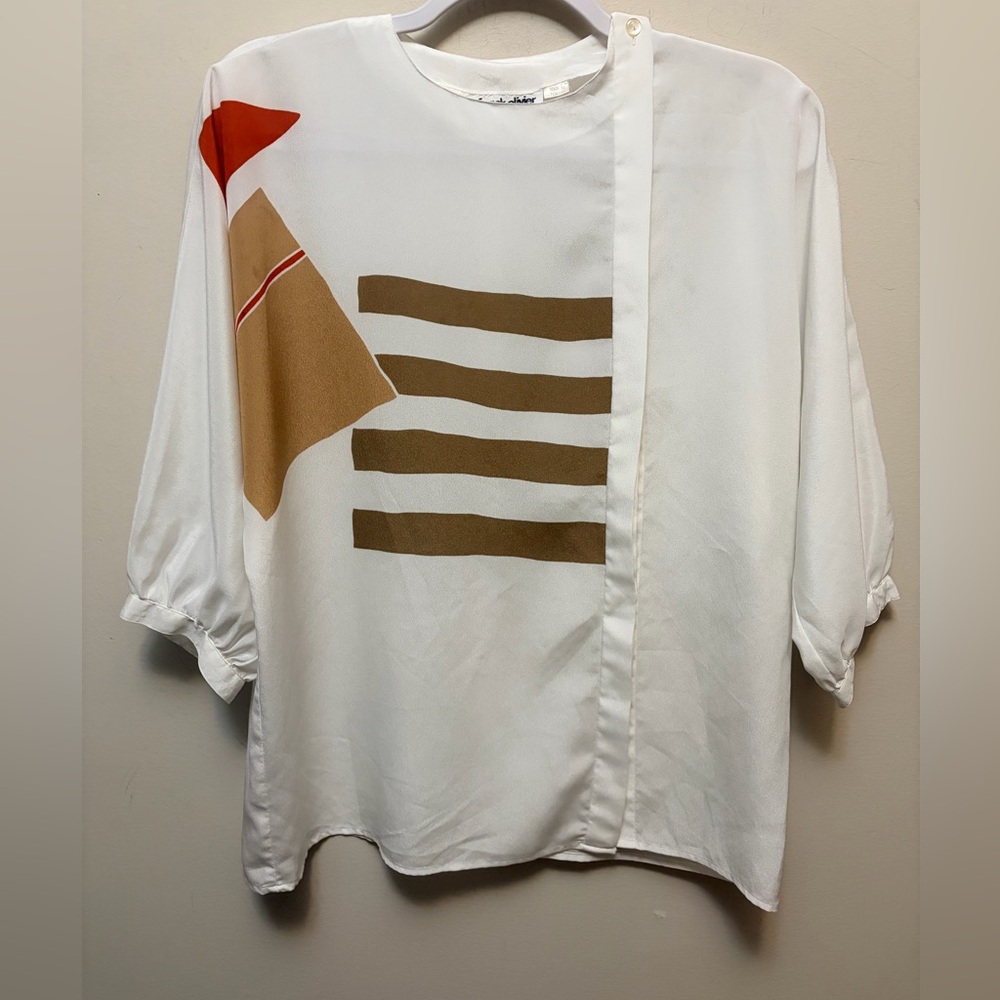 Franck Olivier Paris White Abstract Asymmetrical Blouse Silk Feel - Picture 2 of 7